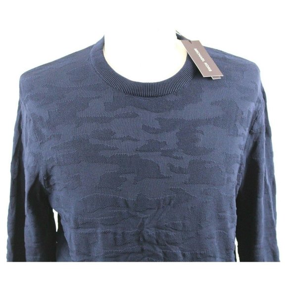 NWT Michael Kors Midnight Techy Camo Crew Nylon Sweater MENS LARGE Navy Blue - Picture 1 of 6